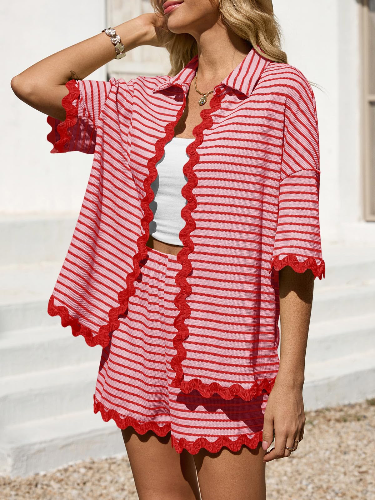 Tankaneo Womens 2 Piece Lounge Set Striped Outfits Short Sleeve Button Down Shirts and Shorts Summer Matching Sets