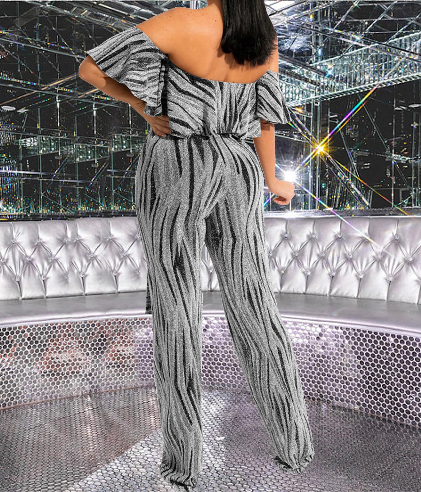 HugeNice Women's Sexy Off Shoulder Ruffle Jumpsuits Elegant Wide Leg Long Pants Clubwear Rompers with Pockets