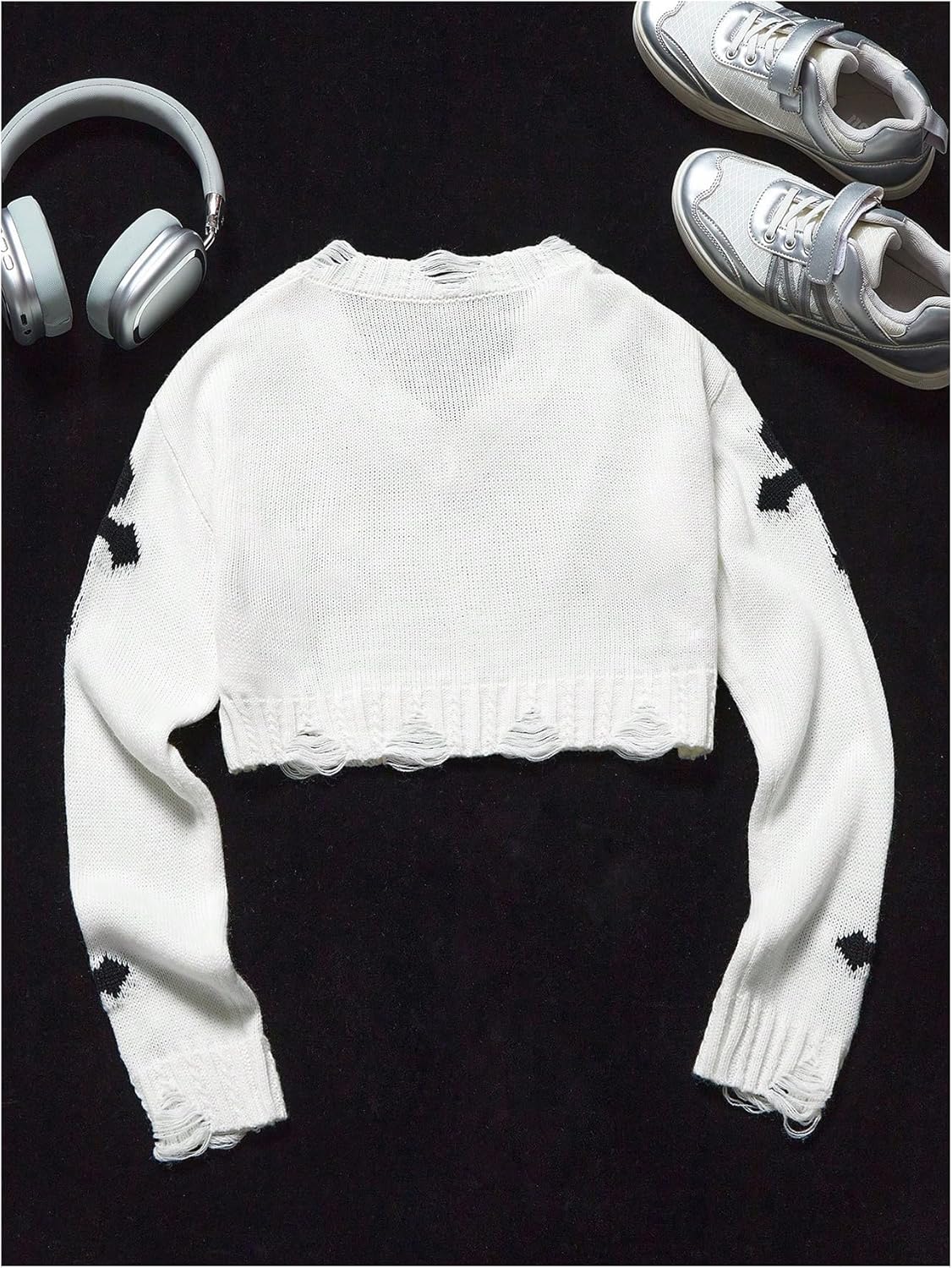 Girl's Gothic Graphic Sweater V Neck Ripped Pullover Sweater Distressed Long Sleeve Knit Crop Top