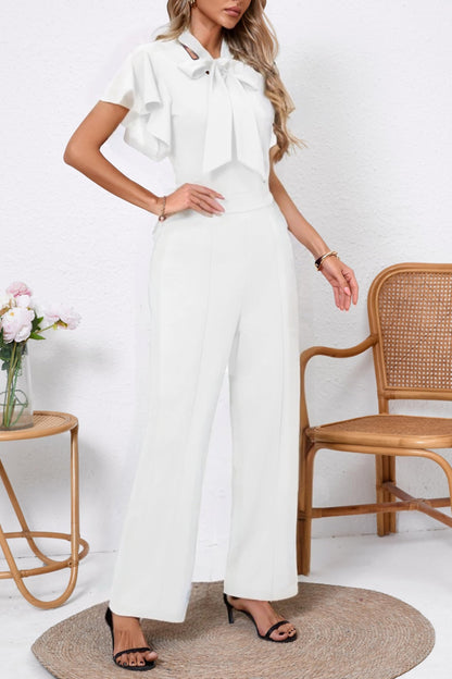 WanMem Jumpsuits for Women Ruffled Sleeveless Romper V-Neck High Waist Loose Long Wide Pants Jumpsuit