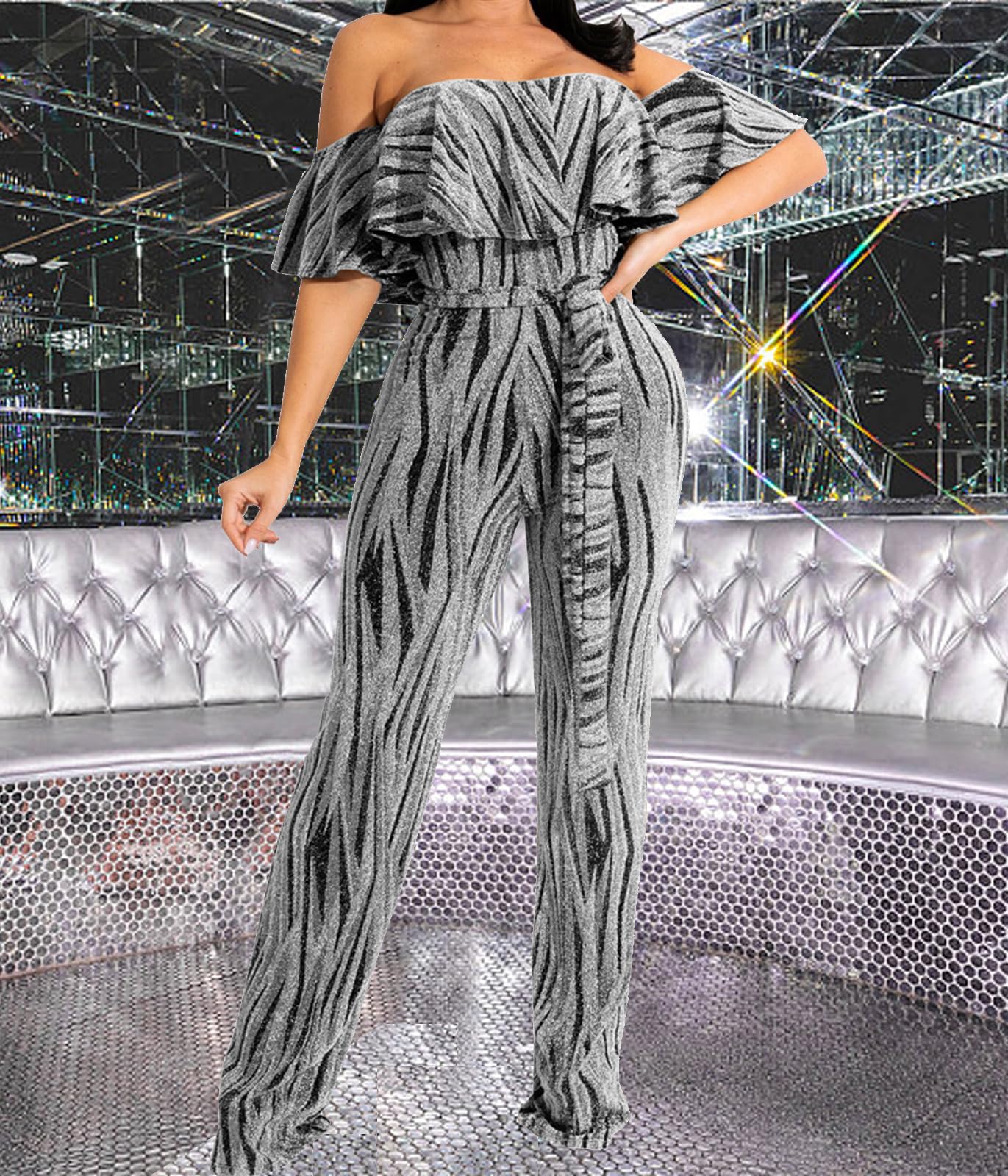 HugeNice Women's Sexy Off Shoulder Ruffle Jumpsuits Elegant Wide Leg Long Pants Clubwear Rompers with Pockets