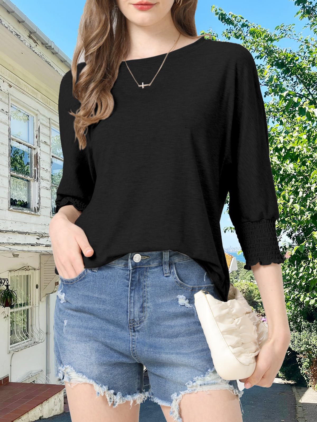 Womens Summer Blouse T-Shirts 3/4 Sleeve Tee Tops Crewneck Basic Business Tees Cute Loose Fit Going Out Shirts Blouses