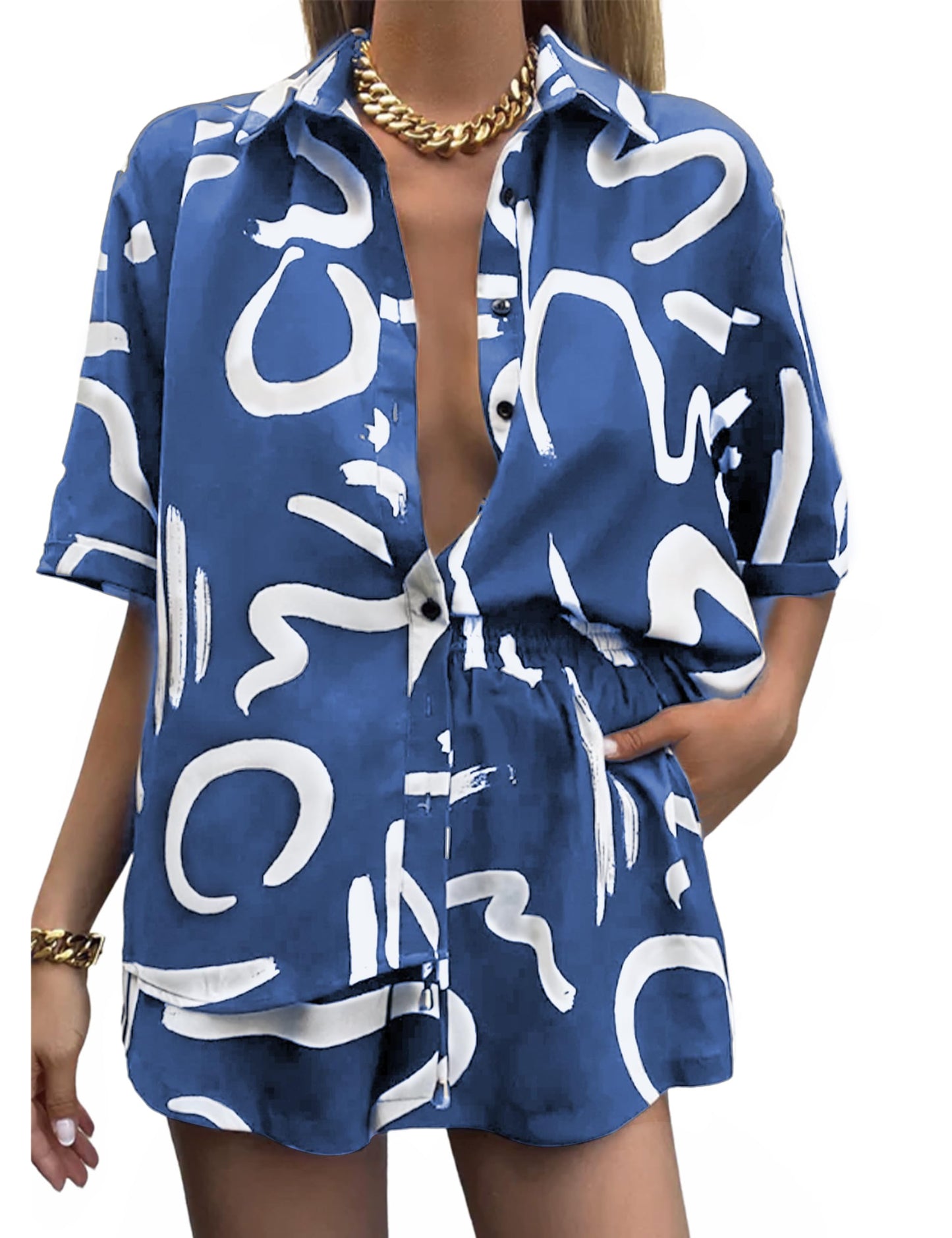 Women's 2 Piece Outfit Sets Summer Beach Casual Printed Shirts and Shorts Lounge Sets
