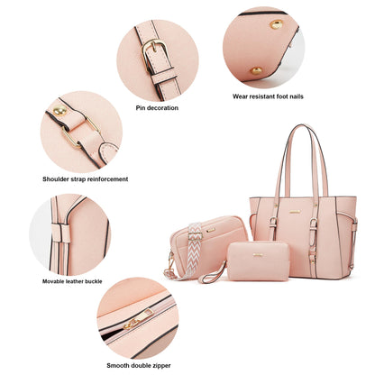 Women Fashion Synthetic Leather Handbags Tote Bag Shoulder Bag Top Handle Satchel Purse Set 4pcs