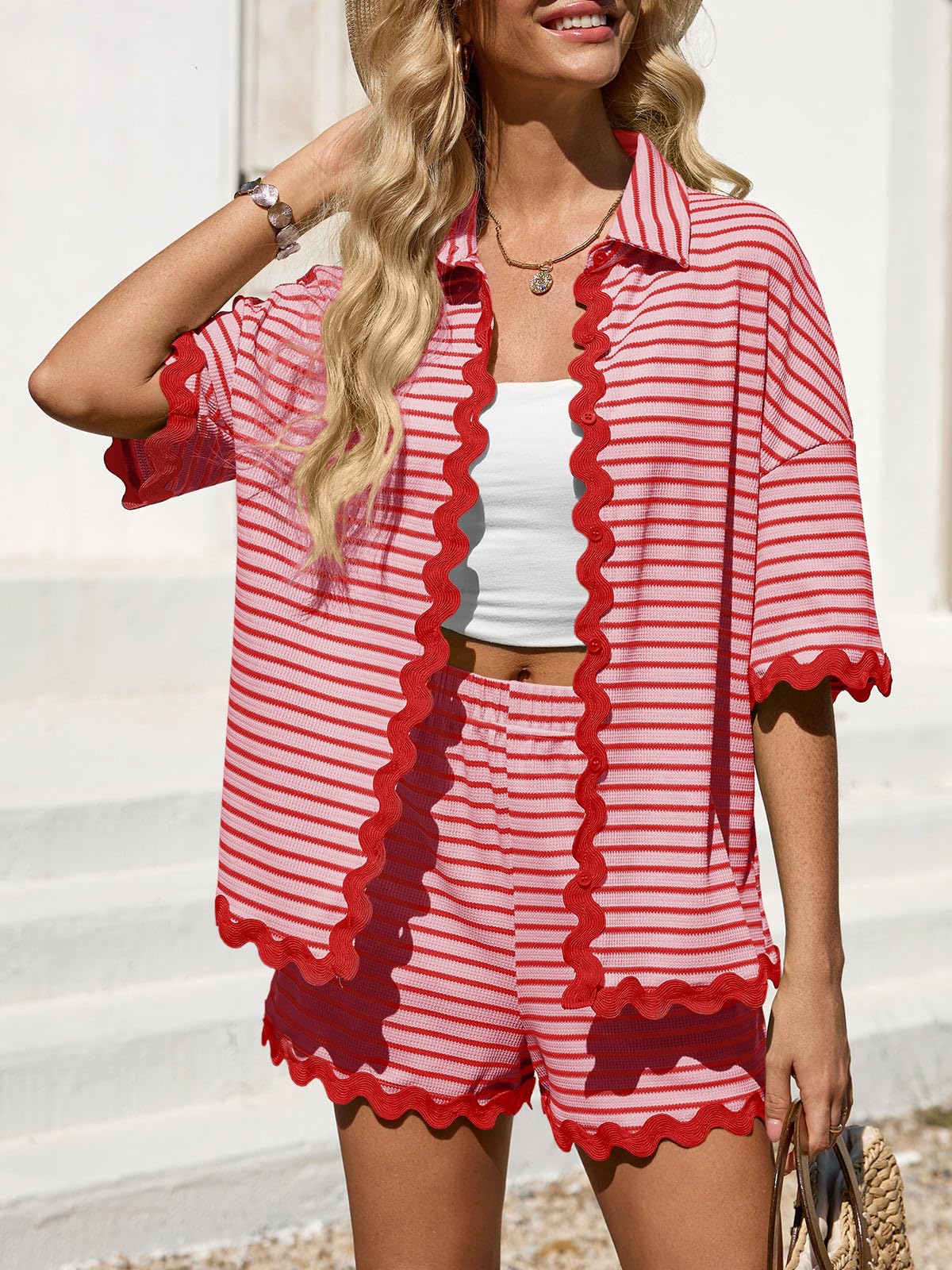Tankaneo Womens 2 Piece Lounge Set Striped Outfits Short Sleeve Button Down Shirts and Shorts Summer Matching Sets
