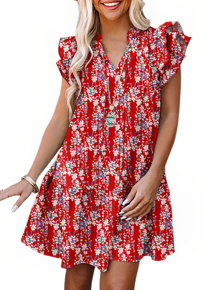Dokotoo Womens Summer Dresses 2025 V-Neck Drawstring Ruffle Cap Short Sleeve Side Pockets Mini Dress Sundress