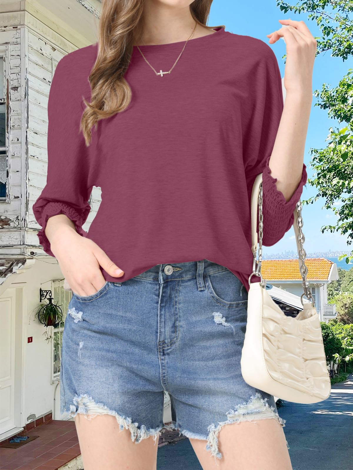 Womens Summer Blouse T-Shirts 3/4 Sleeve Tee Tops Crewneck Basic Business Tees Cute Loose Fit Going Out Shirts Blouses