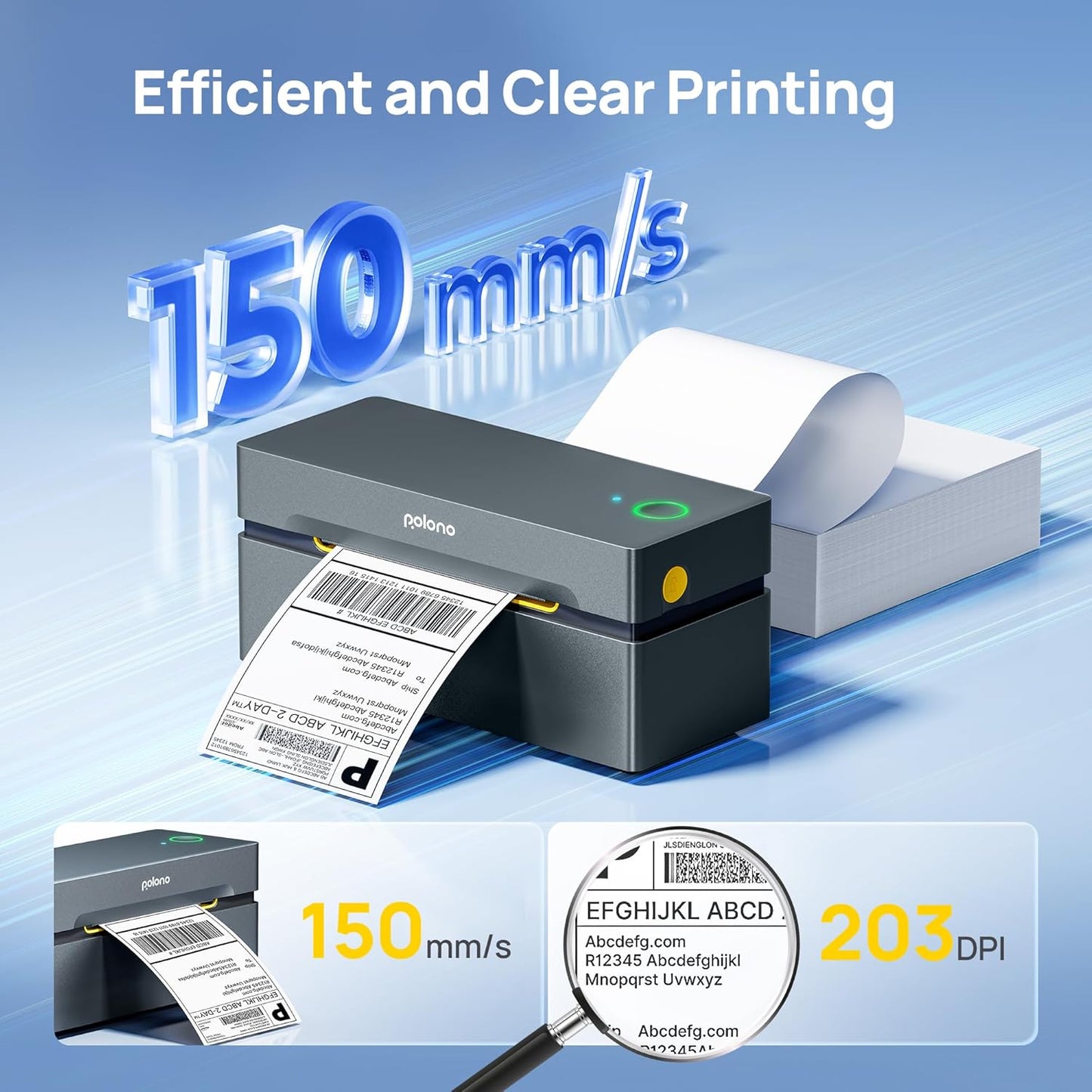 POLONO Bluetooth Thermal Shipping Label Printer, Wireless 4x6 Shipping Label Printer for Small Business, Support iOS, Android, Windows and Mac, Compatible with Amazon, Ebay, Shopify, Etsy, USPS (Grey)