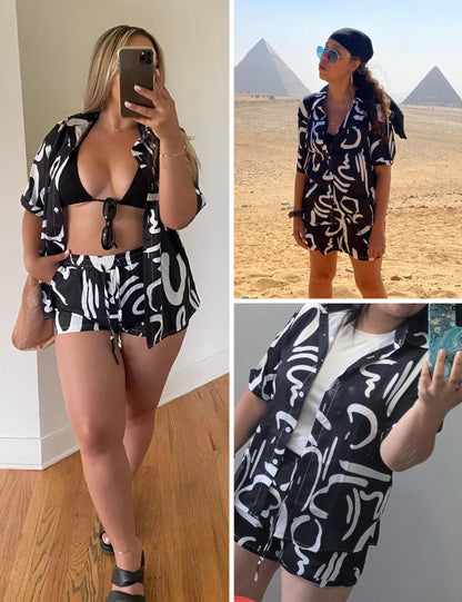 Women's 2 Piece Outfit Sets Summer Beach Casual Printed Shirts and Shorts Lounge Sets