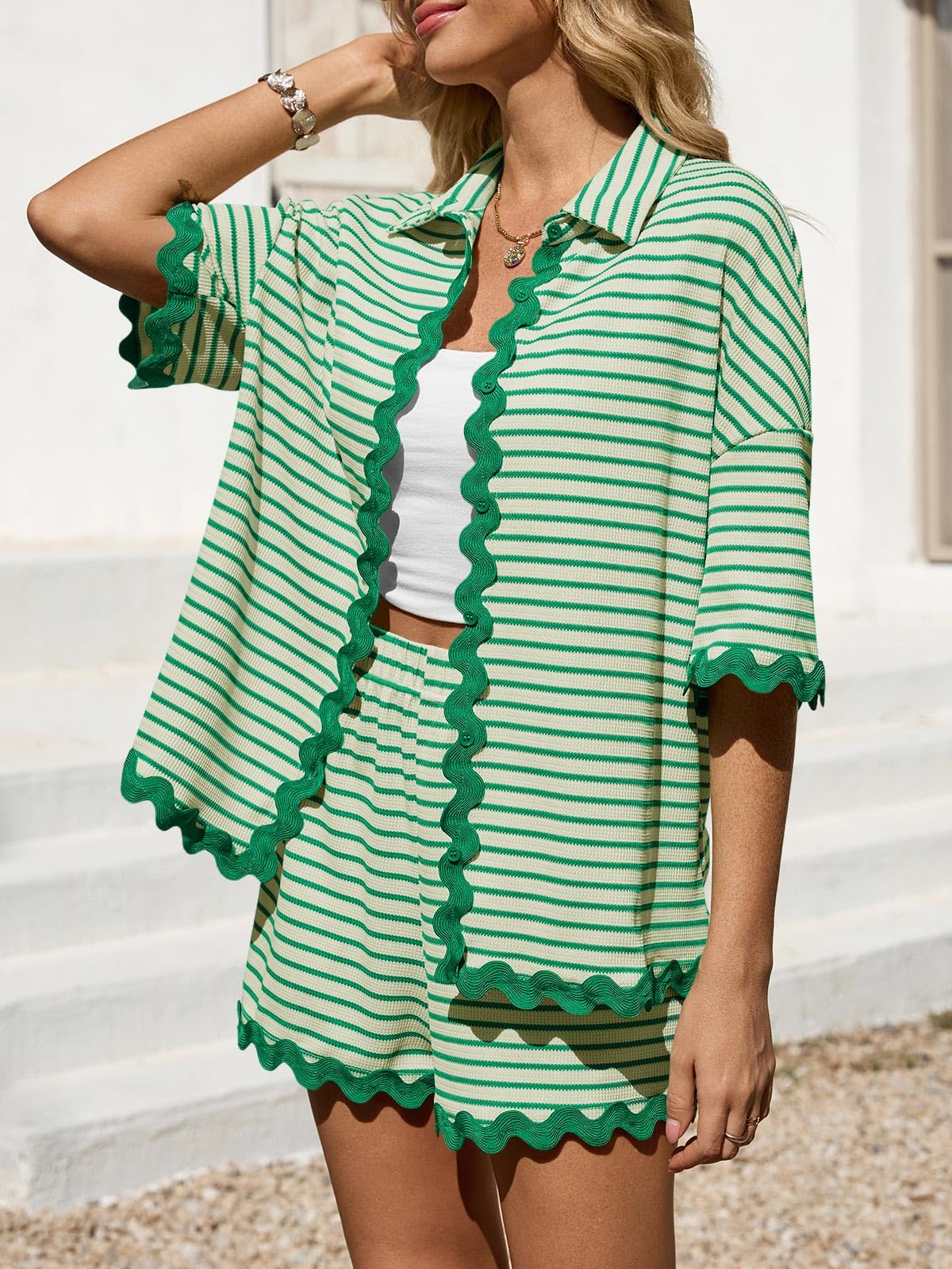 Tankaneo Womens 2 Piece Lounge Set Striped Outfits Short Sleeve Button Down Shirts and Shorts Summer Matching Sets