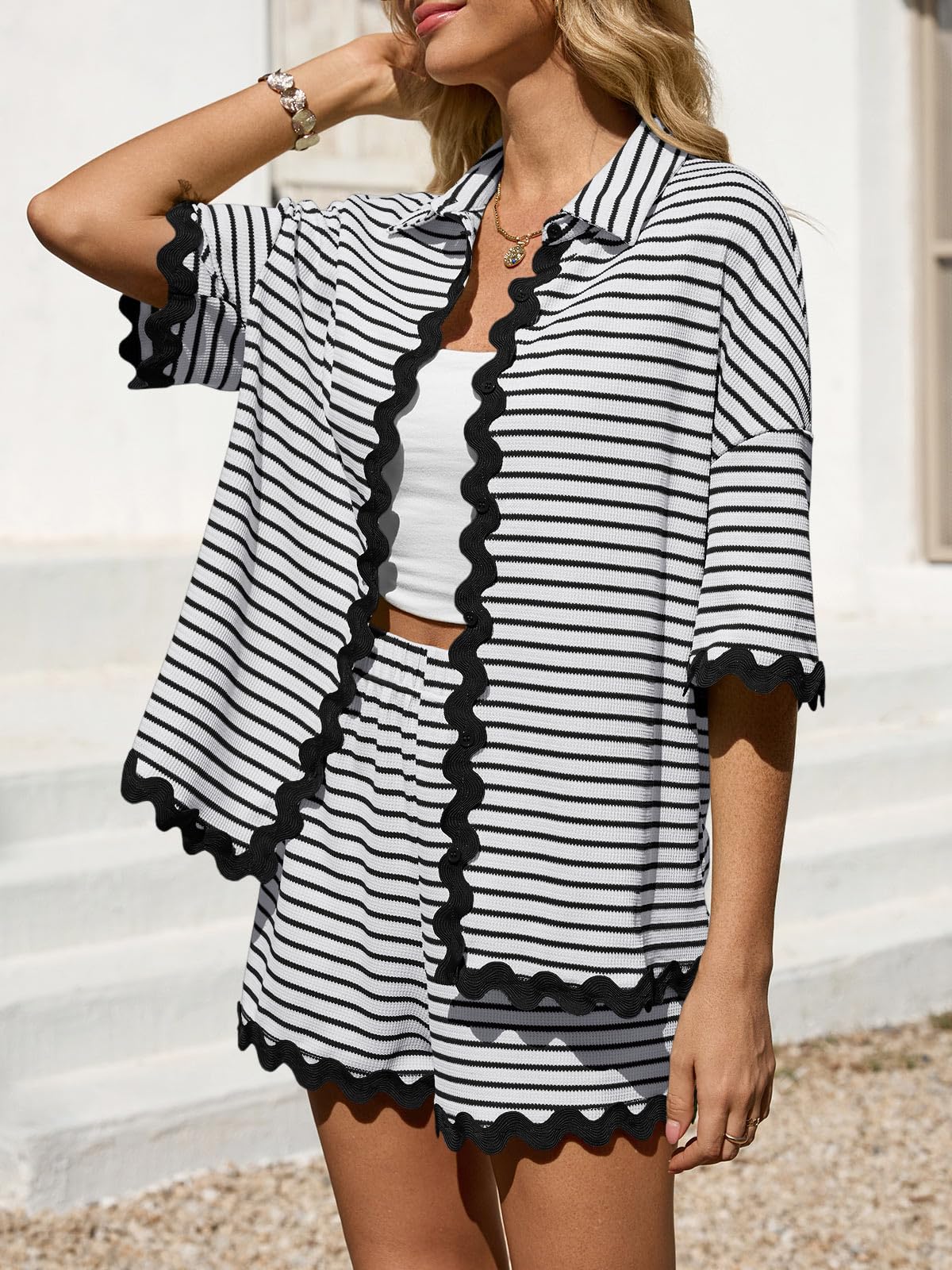 Tankaneo Womens 2 Piece Lounge Set Striped Outfits Short Sleeve Button Down Shirts and Shorts Summer Matching Sets