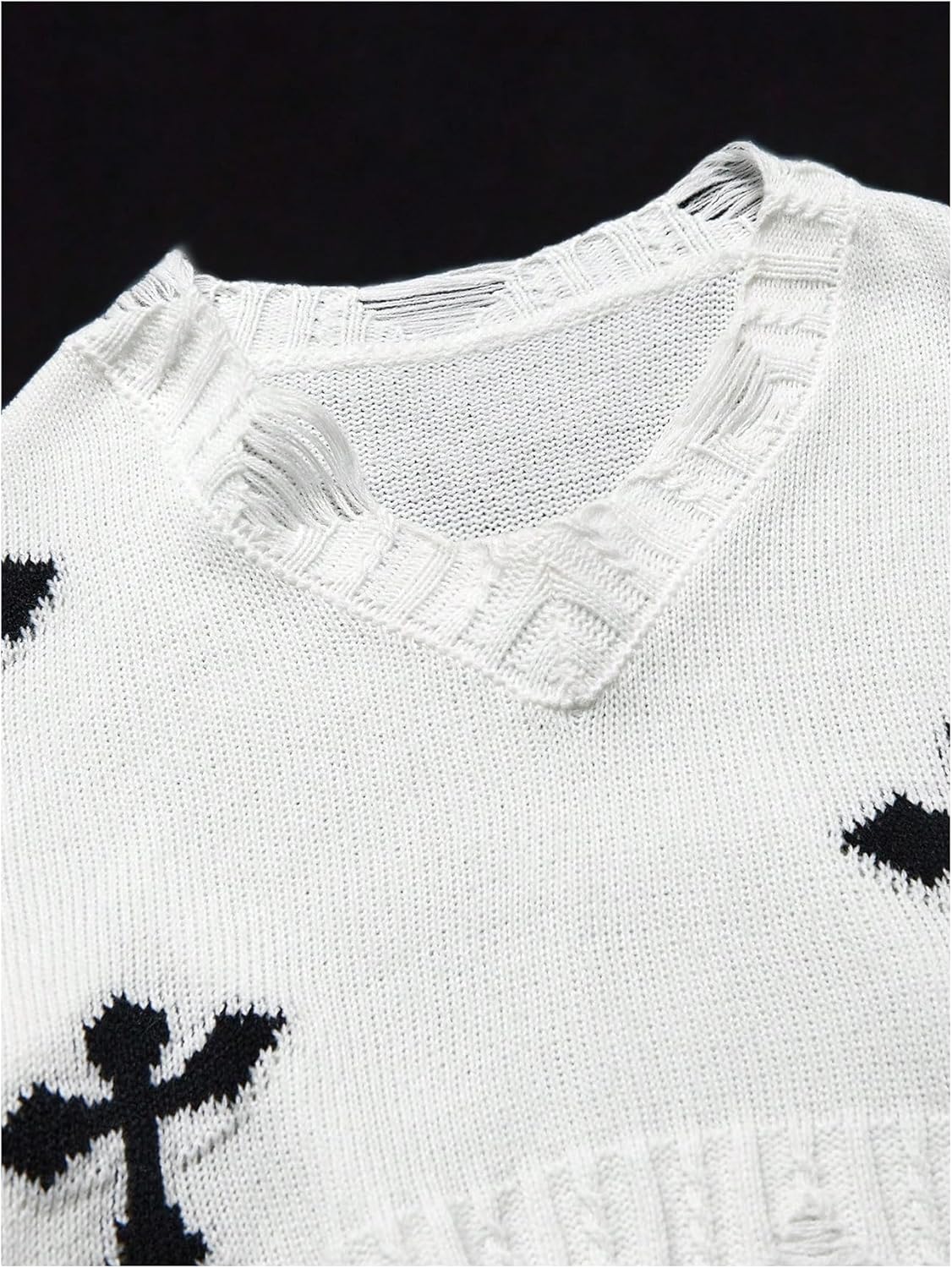 Girl's Gothic Graphic Sweater V Neck Ripped Pullover Sweater Distressed Long Sleeve Knit Crop Top