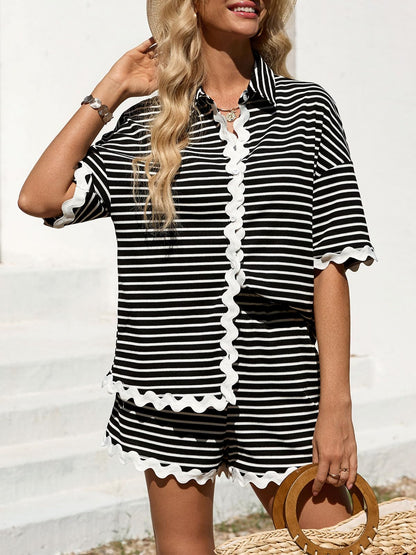 Tankaneo Womens 2 Piece Lounge Set Striped Outfits Short Sleeve Button Down Shirts and Shorts Summer Matching Sets