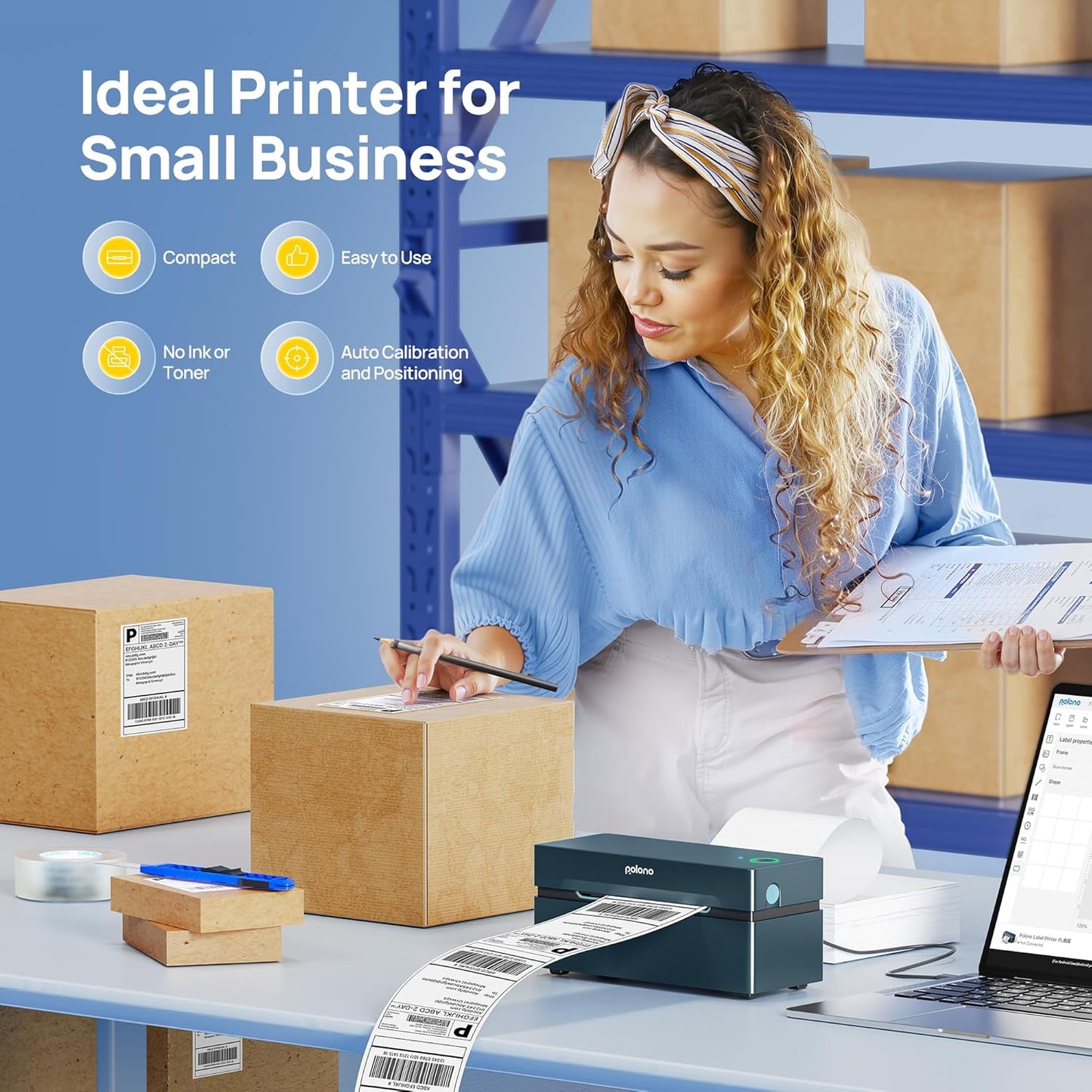 POLONO Bluetooth Thermal Shipping Label Printer, Wireless 4x6 Shipping Label Printer for Small Business, Support iOS, Android, Windows and Mac, Compatible with Amazon, Ebay, Shopify, Etsy, USPS (Grey)