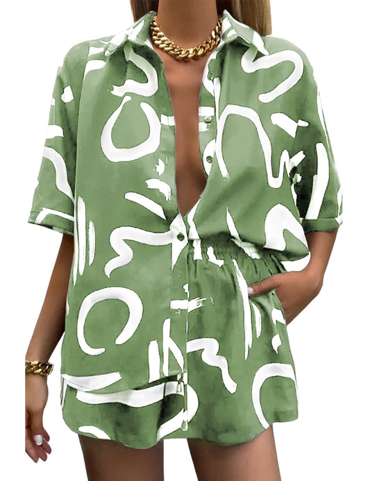 Women's 2 Piece Outfit Sets Summer Beach Casual Printed Shirts and Shorts Lounge Sets