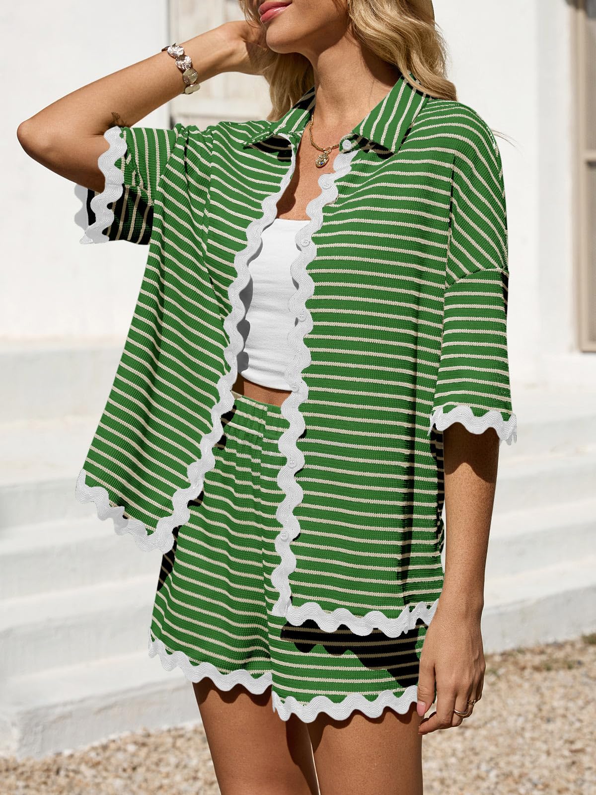 Tankaneo Womens 2 Piece Lounge Set Striped Outfits Short Sleeve Button Down Shirts and Shorts Summer Matching Sets