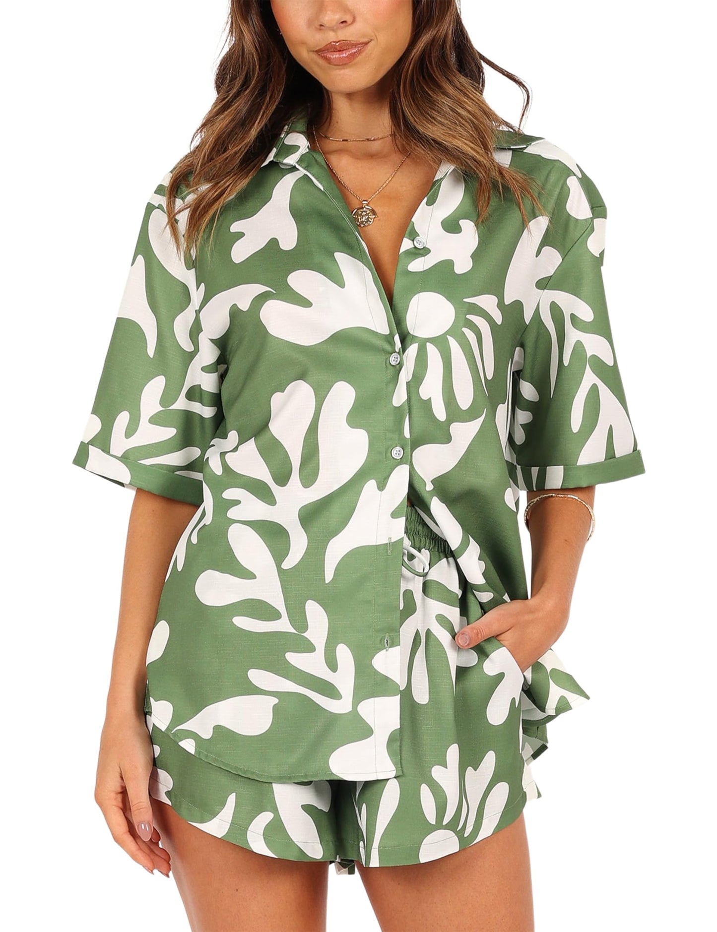 Women's 2 Piece Outfit Sets Summer Beach Casual Printed Shirts and Shorts Lounge Sets