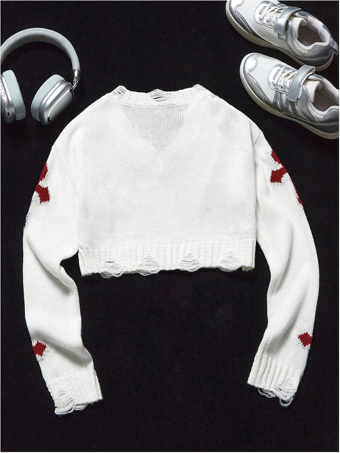 Girl's Gothic Graphic Sweater V Neck Ripped Pullover Sweater Distressed Long Sleeve Knit Crop Top