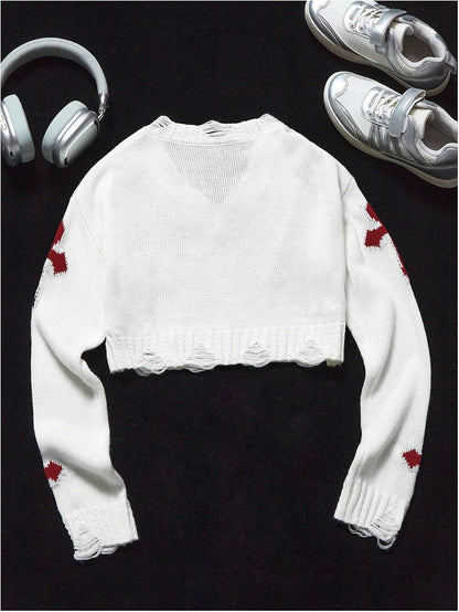 Girl's Gothic Graphic Sweater V Neck Ripped Pullover Sweater Distressed Long Sleeve Knit Crop Top