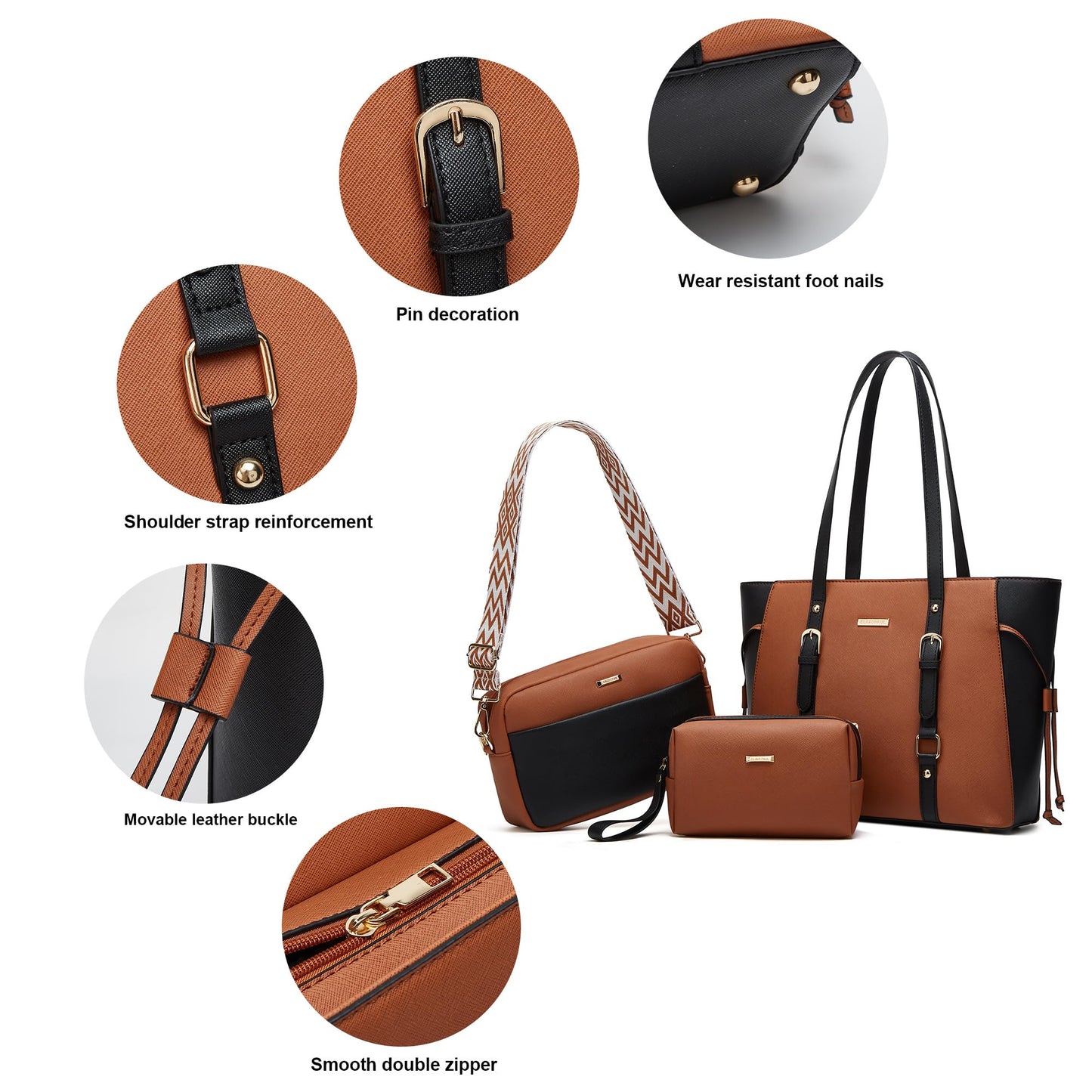 Women Fashion Synthetic Leather Handbags Tote Bag Shoulder Bag Top Handle Satchel Purse Set 4pcs