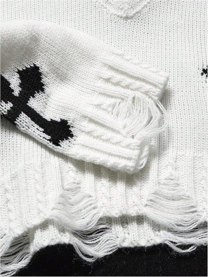 Girl's Gothic Graphic Sweater V Neck Ripped Pullover Sweater Distressed Long Sleeve Knit Crop Top
