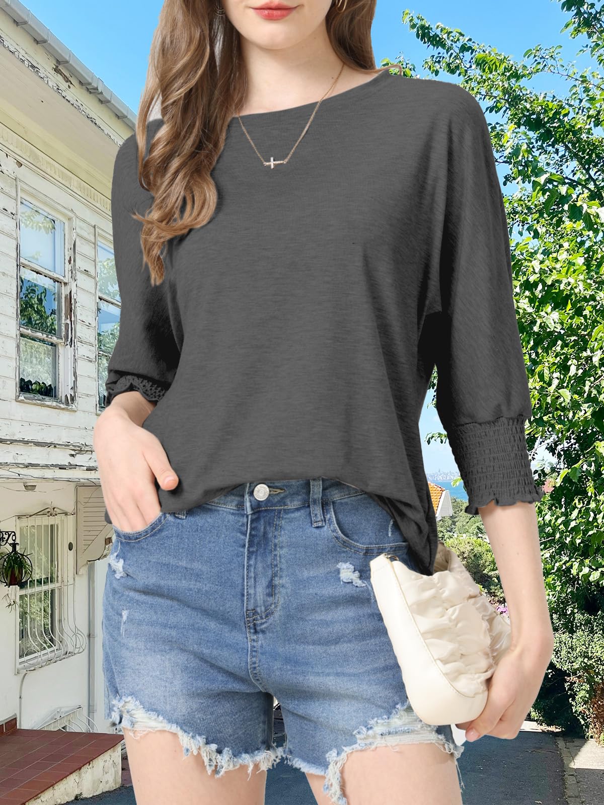 Womens Summer Blouse T-Shirts 3/4 Sleeve Tee Tops Crewneck Basic Business Tees Cute Loose Fit Going Out Shirts Blouses