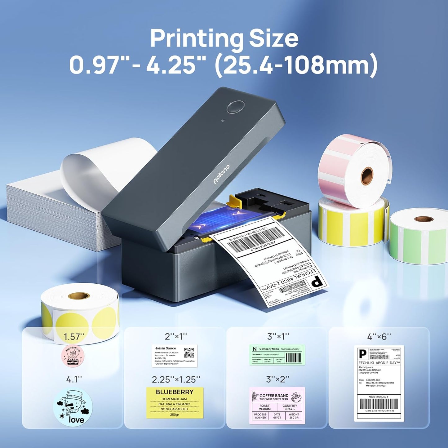 POLONO Bluetooth Thermal Shipping Label Printer, Wireless 4x6 Shipping Label Printer for Small Business, Support iOS, Android, Windows and Mac, Compatible with Amazon, Ebay, Shopify, Etsy, USPS (Grey)