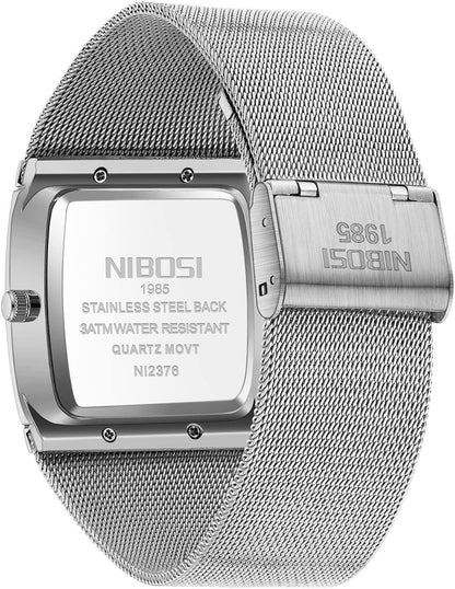 NIBOSI Men Watches Business Square Military Waterproof Sport Analog Quartz Wrist Watch for Men with Stainless Steel Mesh Strap Date Calendar
