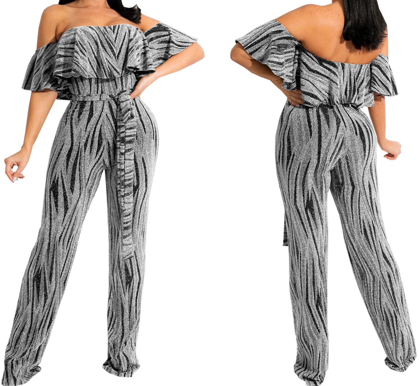 HugeNice Women's Sexy Off Shoulder Ruffle Jumpsuits Elegant Wide Leg Long Pants Clubwear Rompers with Pockets
