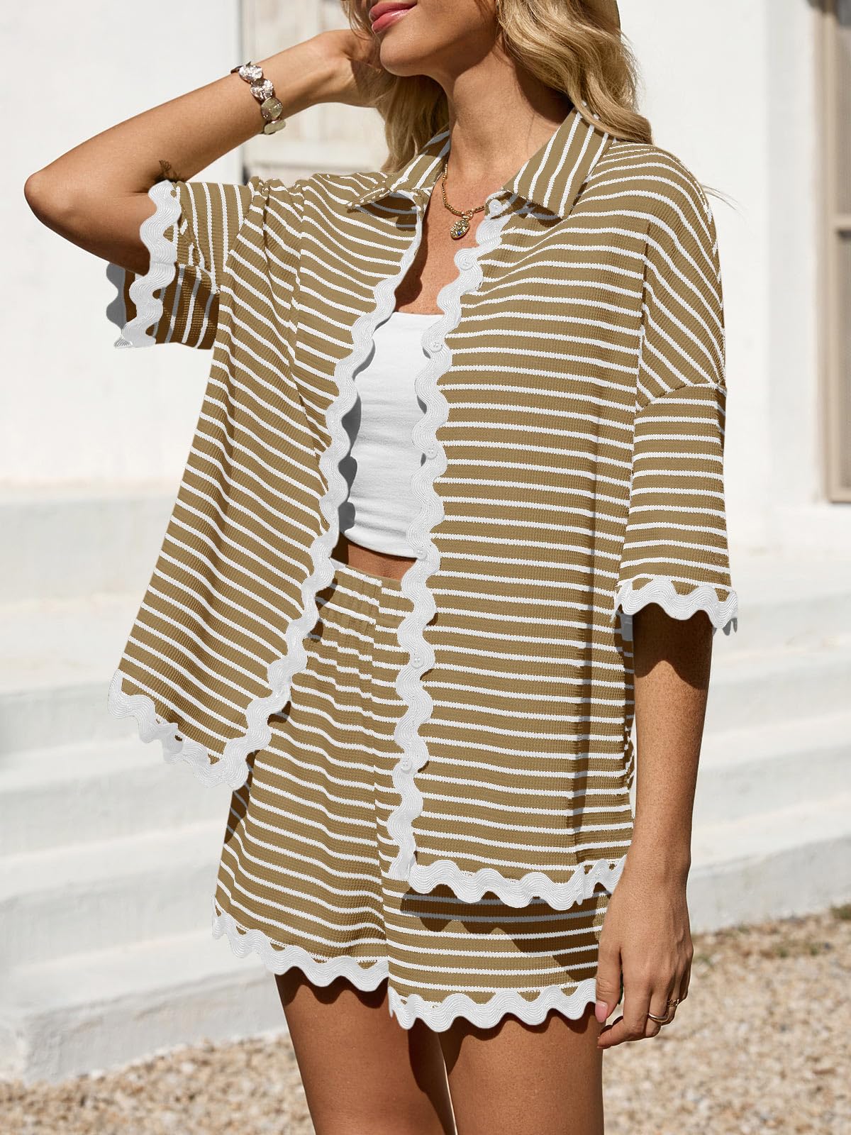 Tankaneo Womens 2 Piece Lounge Set Striped Outfits Short Sleeve Button Down Shirts and Shorts Summer Matching Sets
