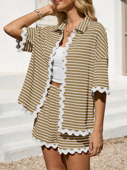 Tankaneo Womens 2 Piece Lounge Set Striped Outfits Short Sleeve Button Down Shirts and Shorts Summer Matching Sets