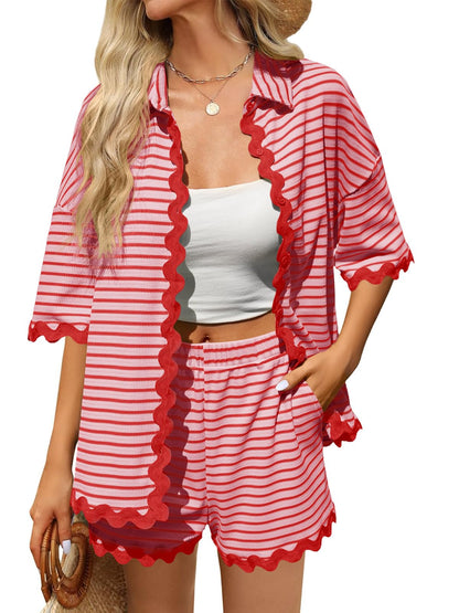 Tankaneo Womens 2 Piece Lounge Set Striped Outfits Short Sleeve Button Down Shirts and Shorts Summer Matching Sets