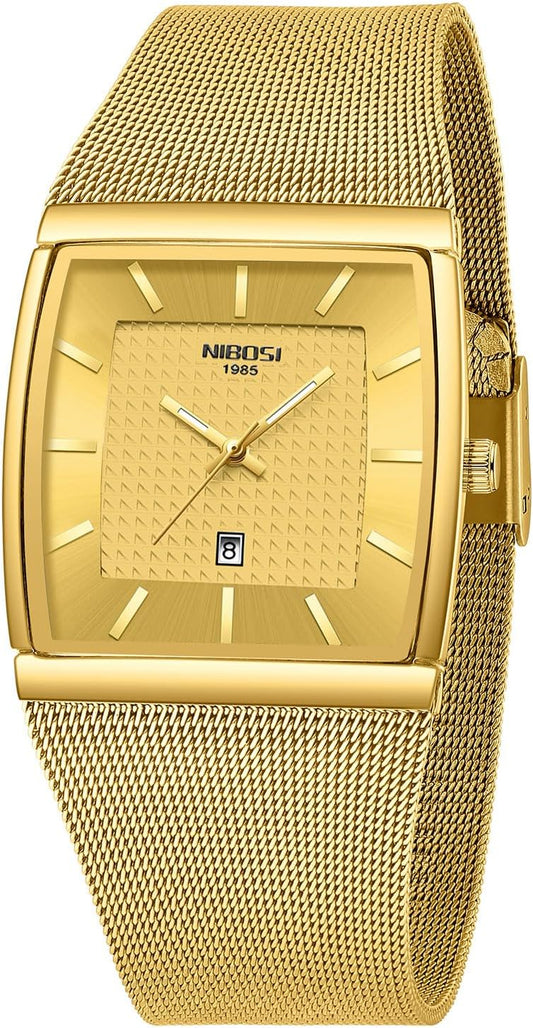 NIBOSI Men Watches Business Square Military Waterproof Sport Analog Quartz Wrist Watch for Men with Stainless Steel Mesh Strap Date Calendar