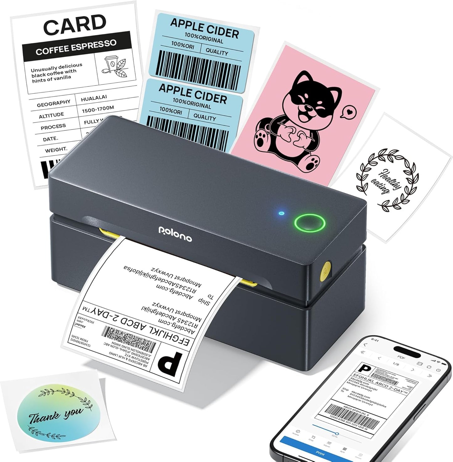 POLONO Bluetooth Thermal Shipping Label Printer, Wireless 4x6 Shipping Label Printer for Small Business, Support iOS, Android, Windows and Mac, Compatible with Amazon, Ebay, Shopify, Etsy, USPS (Grey)