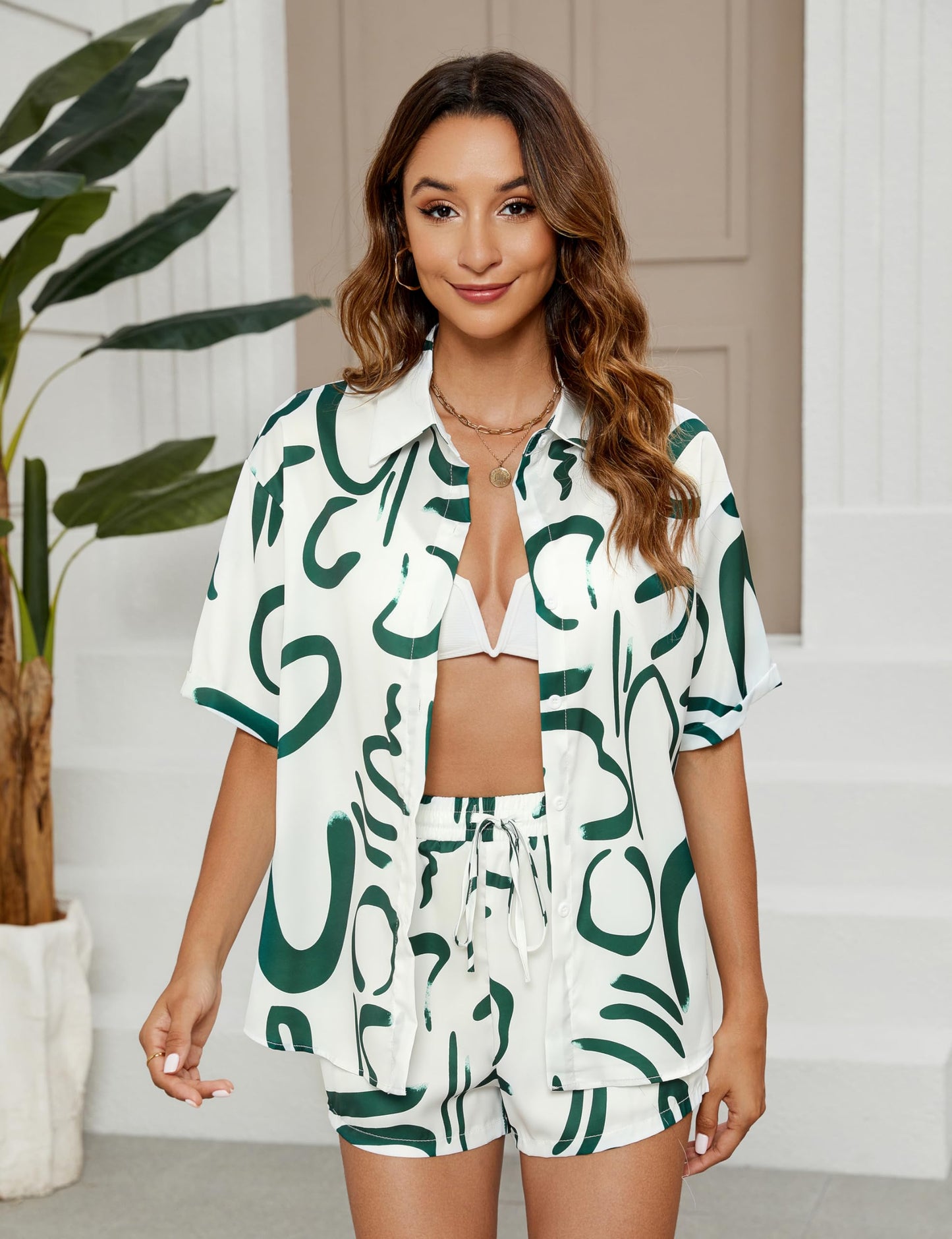 Women's 2 Piece Outfit Sets Summer Beach Casual Printed Shirts and Shorts Lounge Sets
