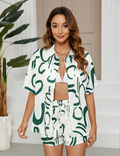 Women's 2 Piece Outfit Sets Summer Beach Casual Printed Shirts and Shorts Lounge Sets