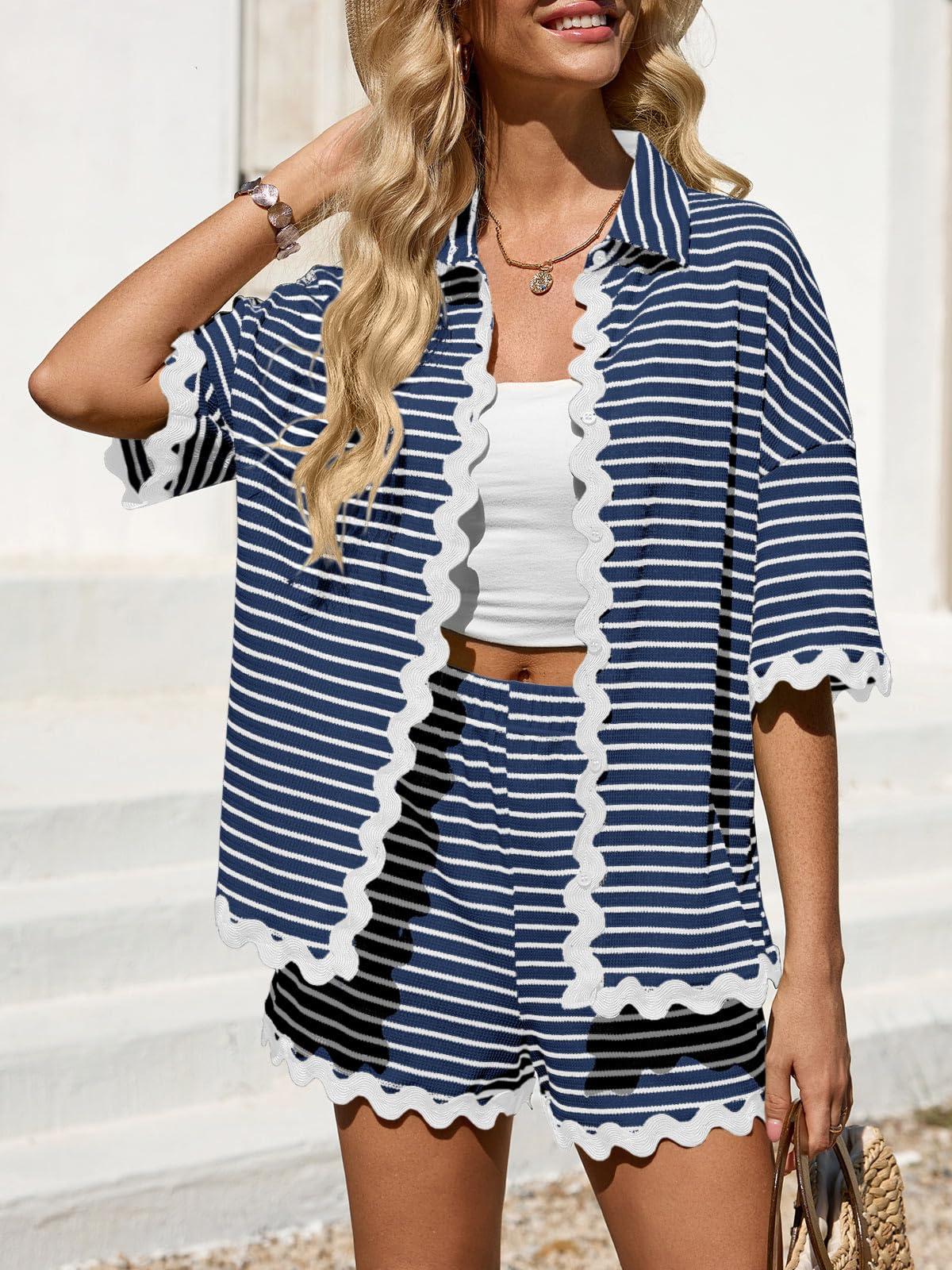 Tankaneo Womens 2 Piece Lounge Set Striped Outfits Short Sleeve Button Down Shirts and Shorts Summer Matching Sets
