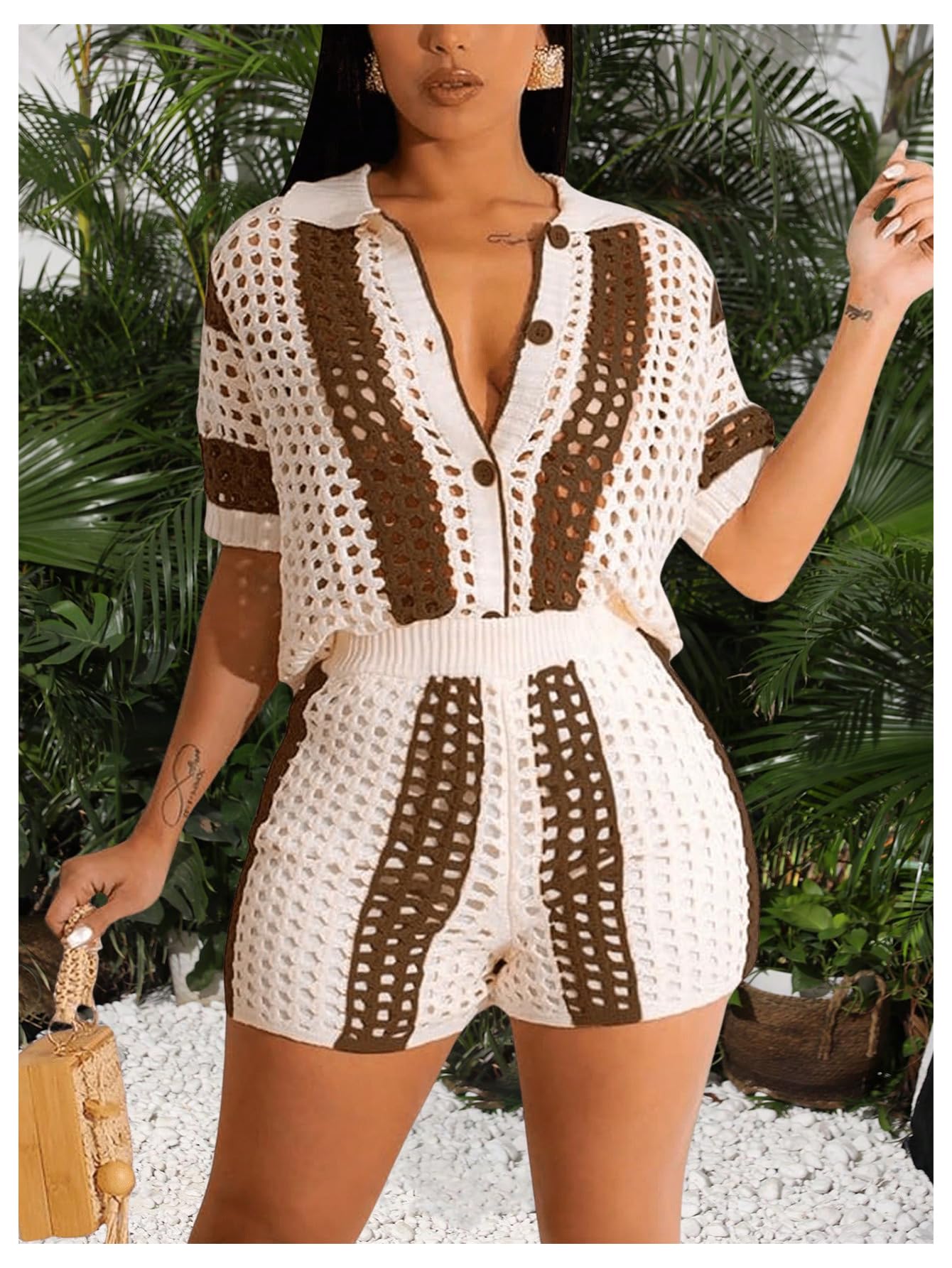 Floerns Women's Two Piece Outfit Knitted Button Down Striped Shirts and Shorts Set
