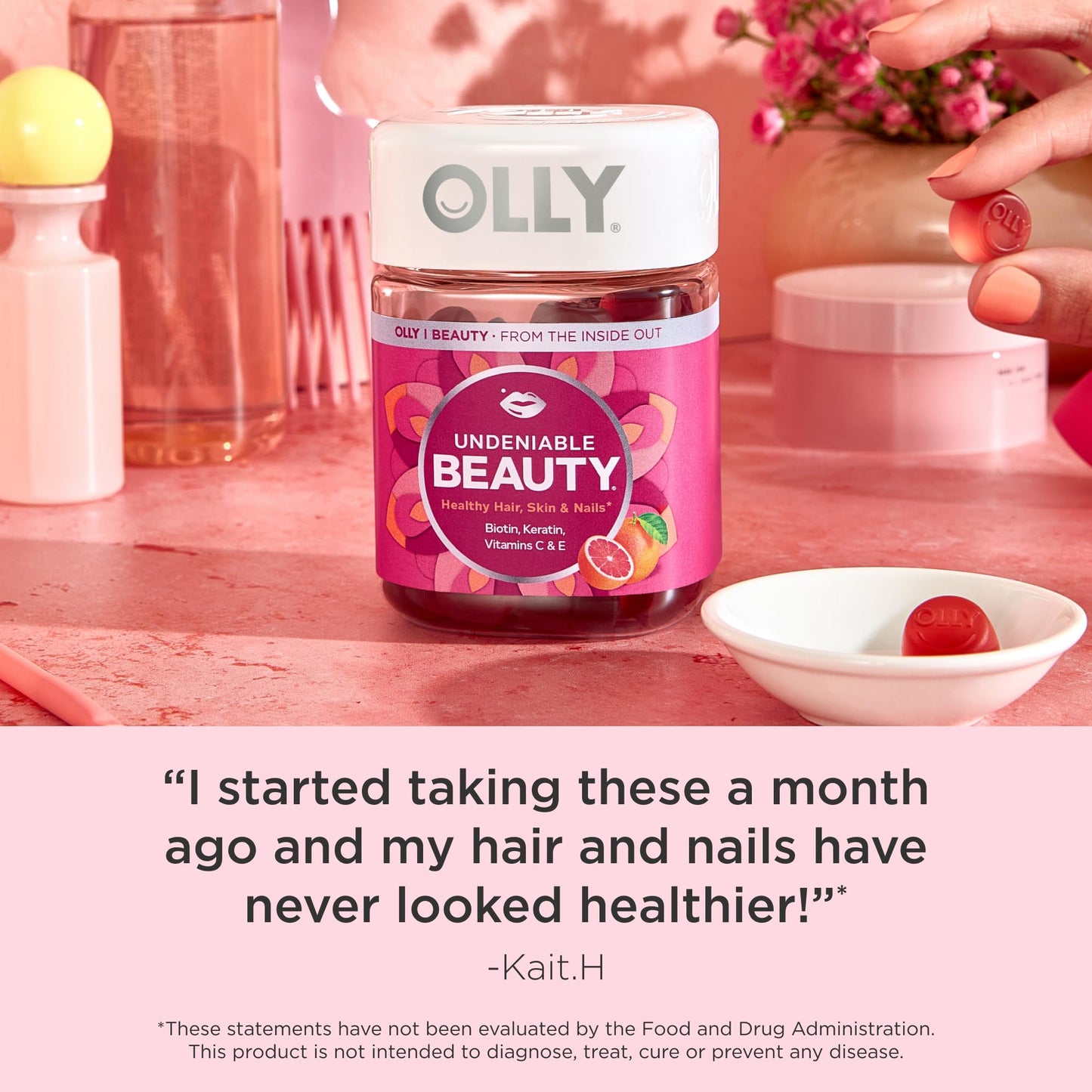 OLLY Undeniable Beauty Gummy, for Hair, Skin, Nails, Biotin, Vitamin C, Keratin, Chewable Supplement, Grapefruit, 30 Day Supply - 120 Count