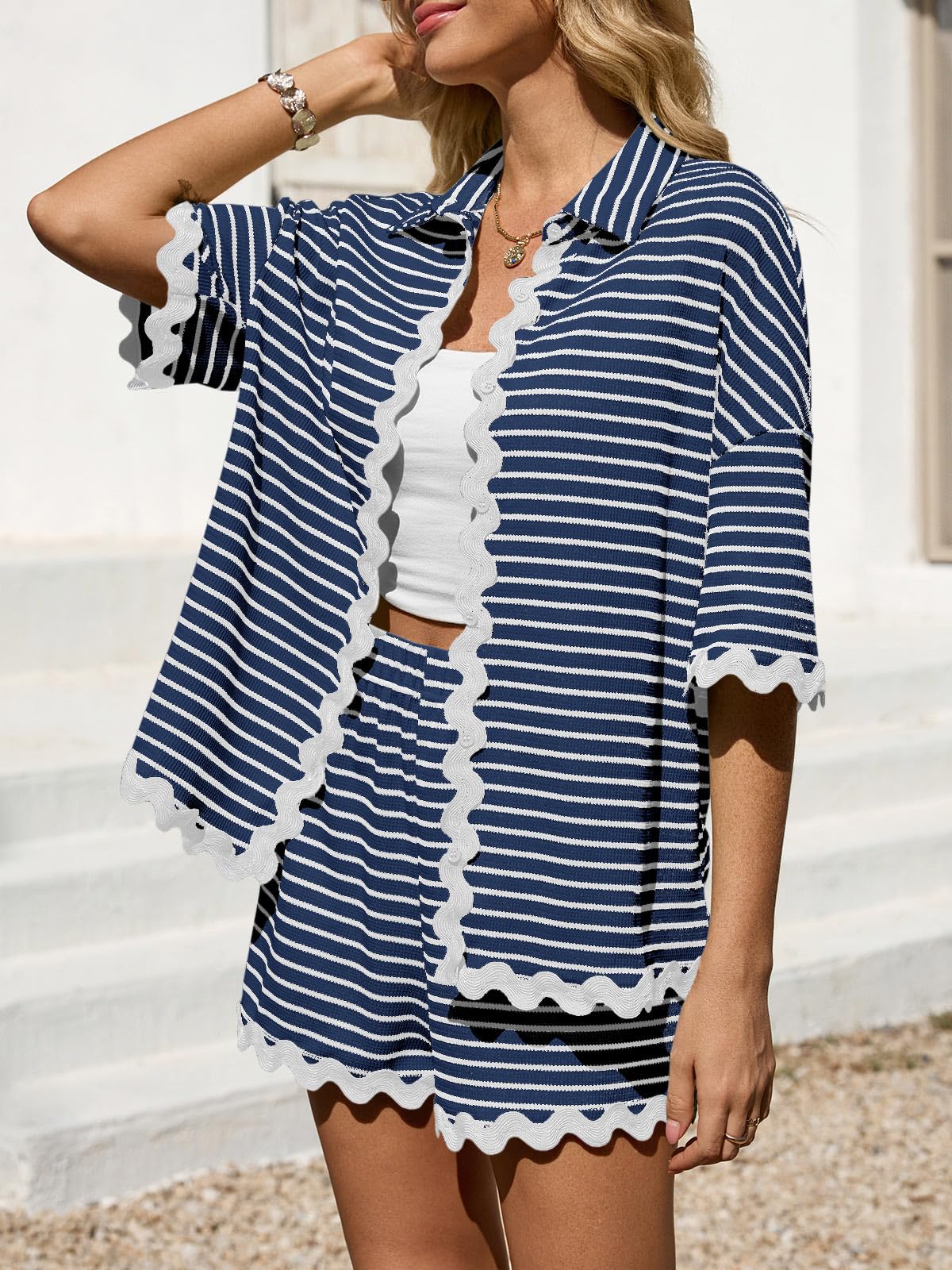 Tankaneo Womens 2 Piece Lounge Set Striped Outfits Short Sleeve Button Down Shirts and Shorts Summer Matching Sets