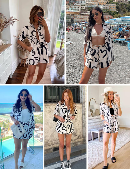 Women's 2 Piece Outfit Sets Summer Beach Casual Printed Shirts and Shorts Lounge Sets