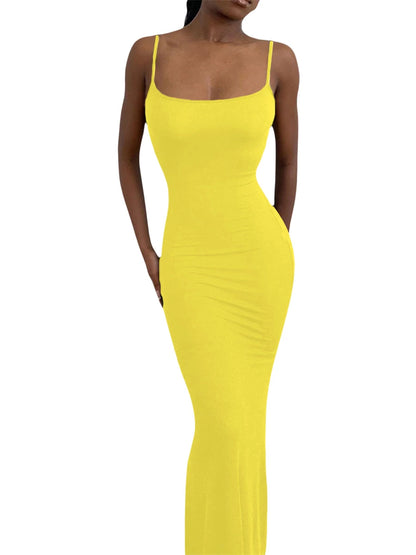 wsevypo Spaghetti Strap Bodycon Long Dress Summer 2022 Women Sleeveless Wrapped Fish Tail Dress Solid Color Club Streetwear