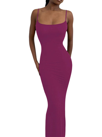 wsevypo Spaghetti Strap Bodycon Long Dress Summer 2022 Women Sleeveless Wrapped Fish Tail Dress Solid Color Club Streetwear