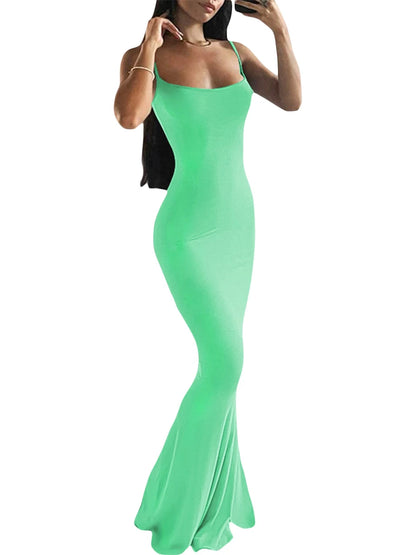 wsevypo Spaghetti Strap Bodycon Long Dress Summer 2022 Women Sleeveless Wrapped Fish Tail Dress Solid Color Club Streetwear