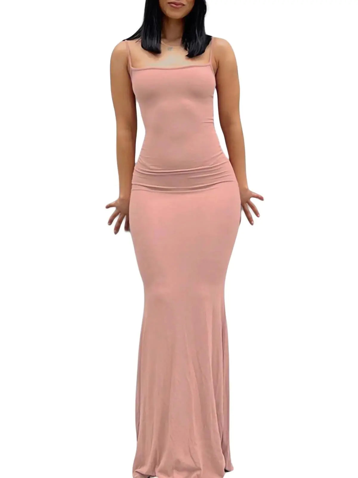 wsevypo Spaghetti Strap Bodycon Long Dress Summer 2022 Women Sleeveless Wrapped Fish Tail Dress Solid Color Club Streetwear