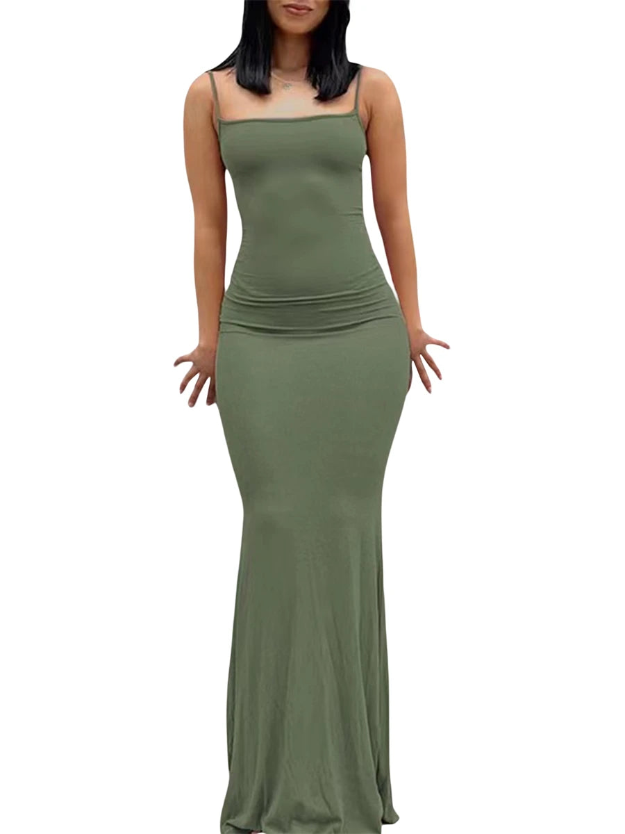 wsevypo Spaghetti Strap Bodycon Long Dress Summer 2022 Women Sleeveless Wrapped Fish Tail Dress Solid Color Club Streetwear