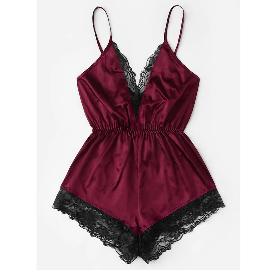 Women Sexy Lingerie Girl V-neck Lace Splice Bodysuit Sleepwear Spaghetti Straps Underwear Solid Onesies Nightdress Nightwear