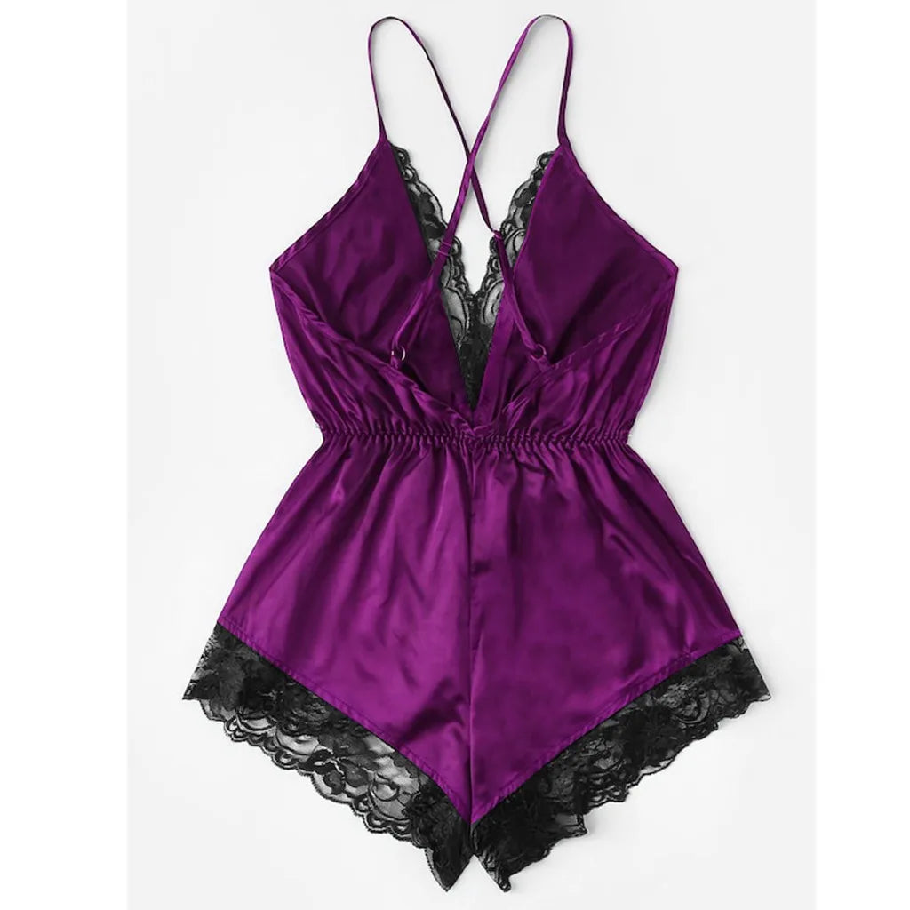 Women Sexy Lingerie Girl V-neck Lace Splice Bodysuit Sleepwear Spaghetti Straps Underwear Solid Onesies Nightdress Nightwear
