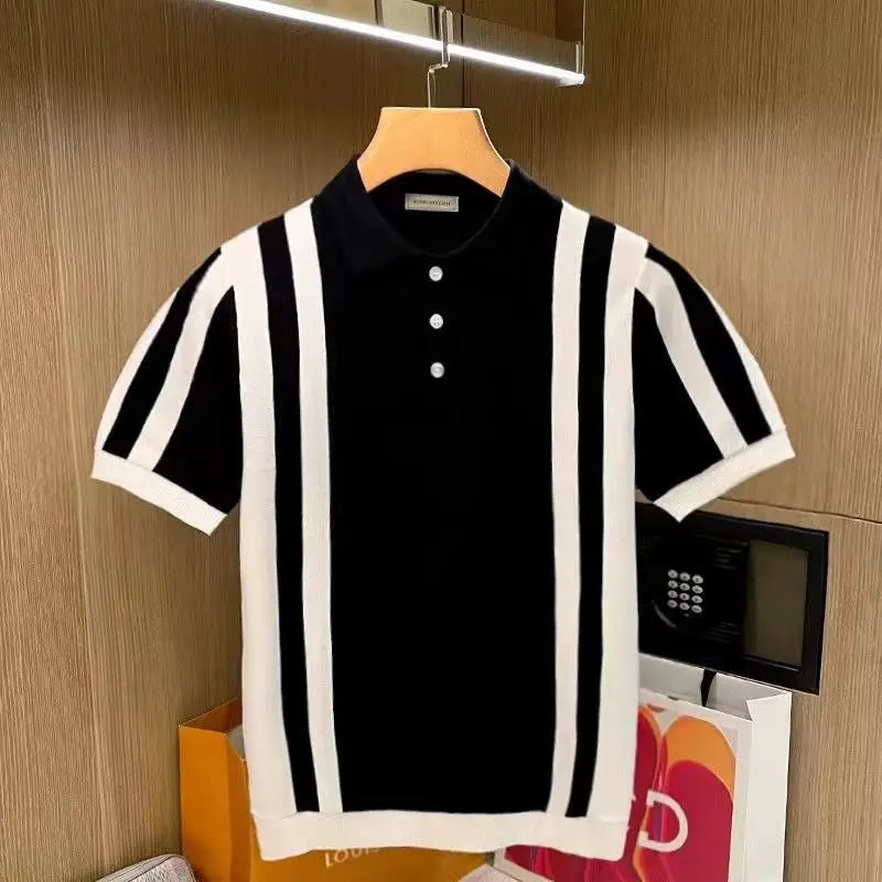 Summer New Men's Knitting polos Shirt Men Turn-down Collar Button Fashion Color Stripe Tops Knit Casual Short Sleeve T-shirts