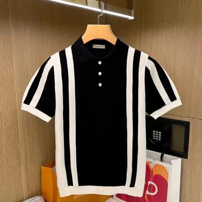 Summer New Men's Knitting polos Shirt Men Turn-down Collar Button Fashion Color Stripe Tops Knit Casual Short Sleeve T-shirts